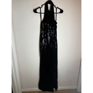 Vintage Black Sequin Silk Halter Neck Maxi Dress Side Slit Evening Gown Size 10